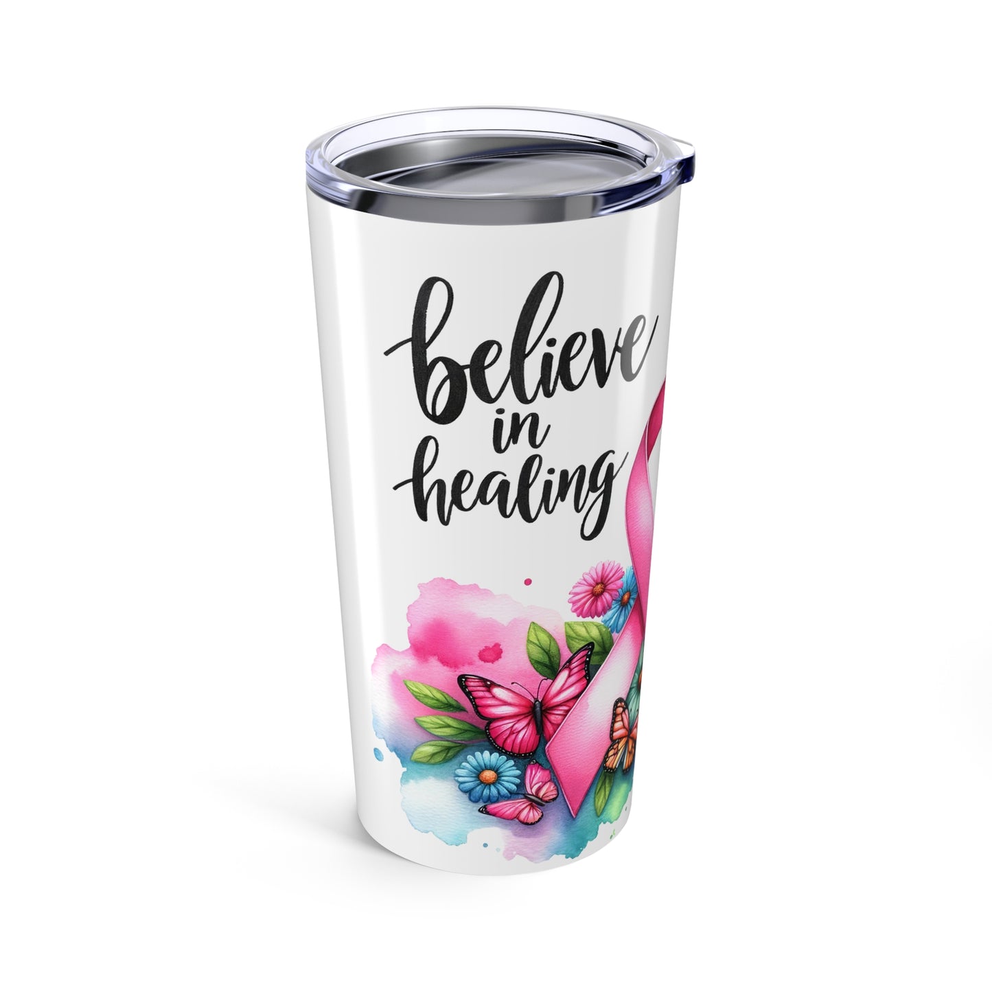 Breast Cancer Ribbon and Butterflies Inspirational Tumbler Cancer Awareness