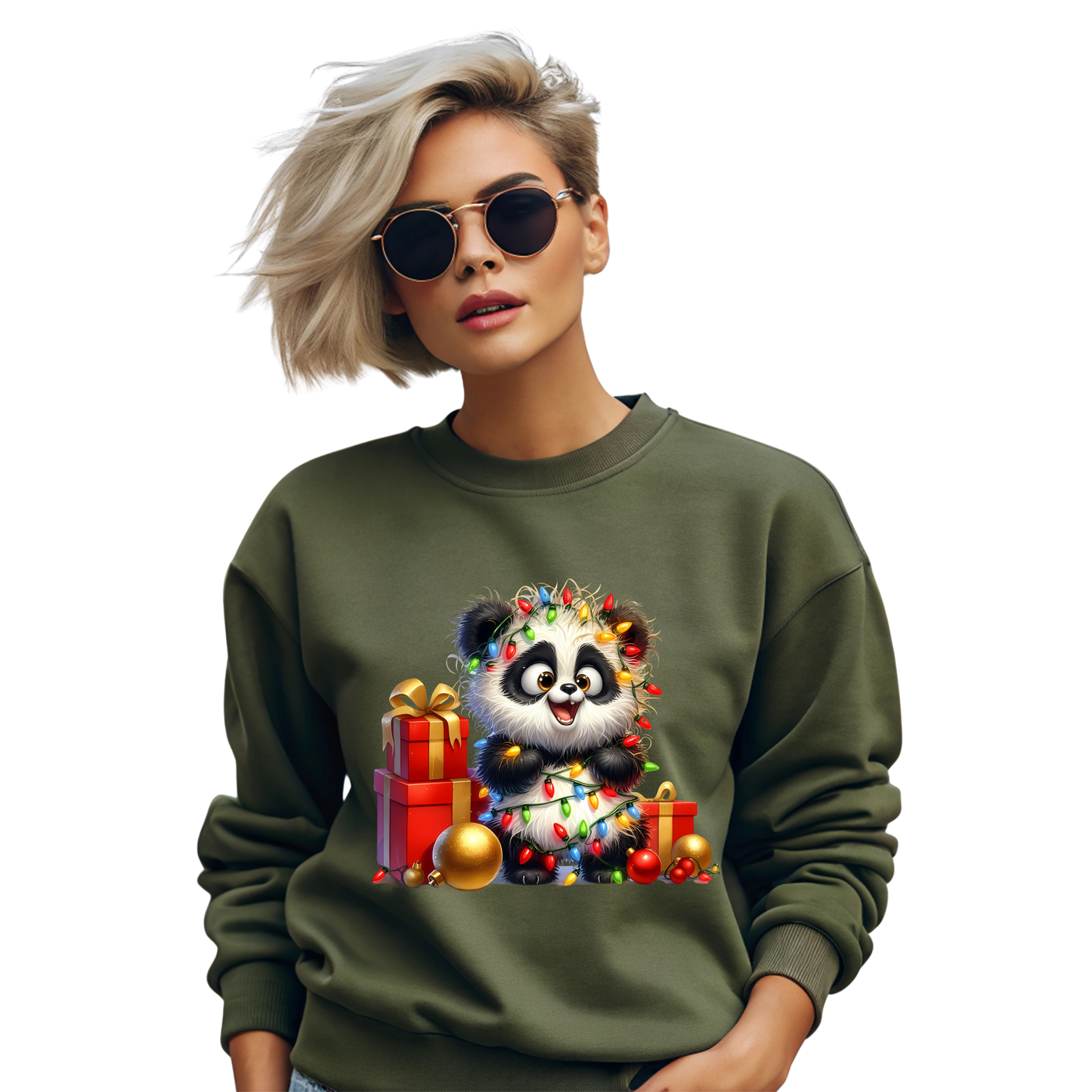 Merry Panda Lights Presents Christmas Crewneck Pullover Sweatshirt