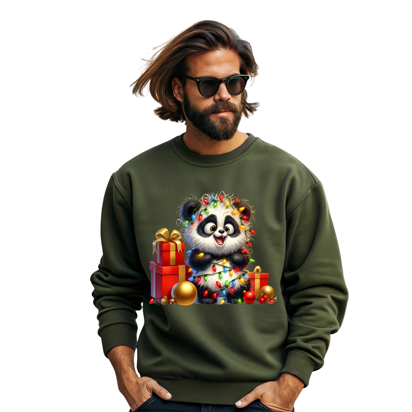 Merry Panda Lights Presents Christmas Crewneck Pullover Sweatshirt