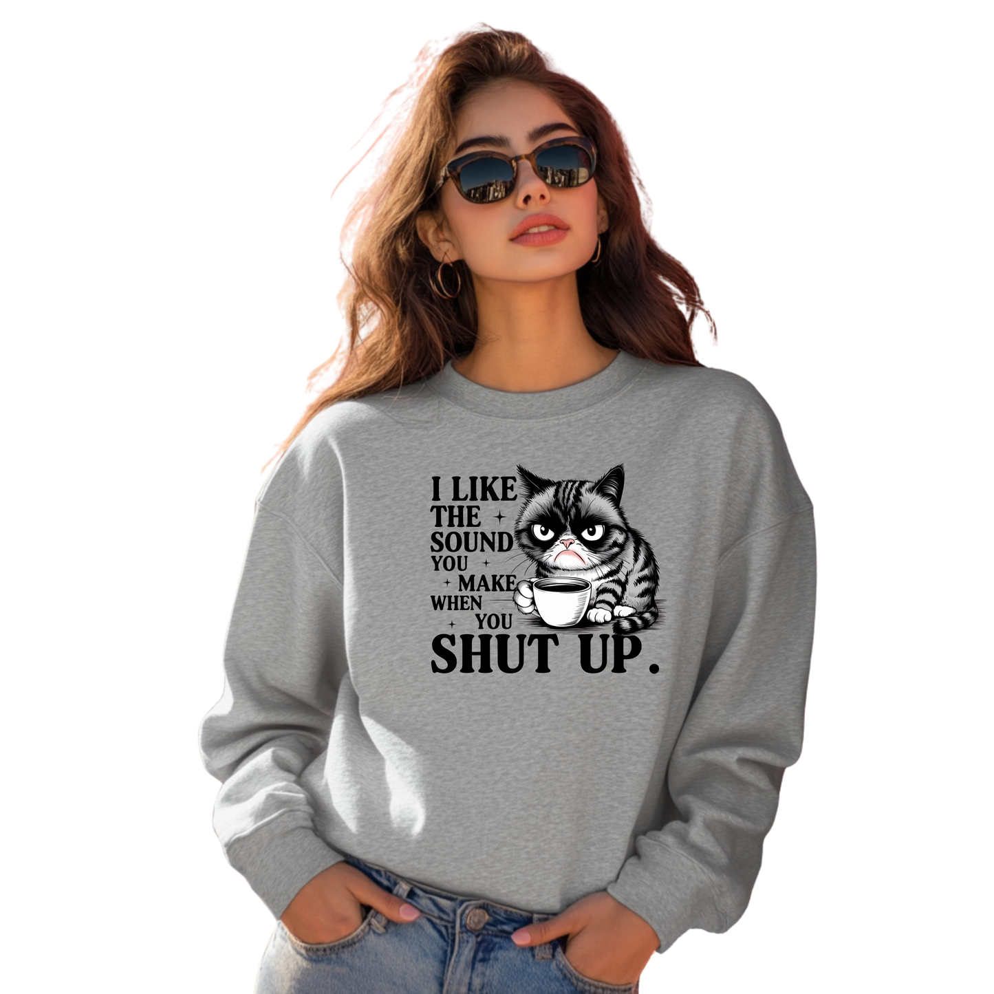 Grumpy Catitude Shut Up Coffee Crewneck Pullover Sweatshirt
