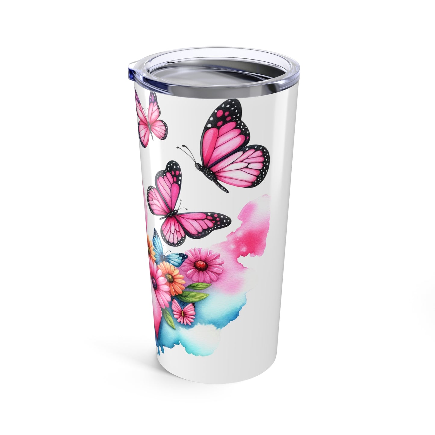 Breast Cancer Ribbon and Butterflies Inspirational Tumbler  Cancer Awareness