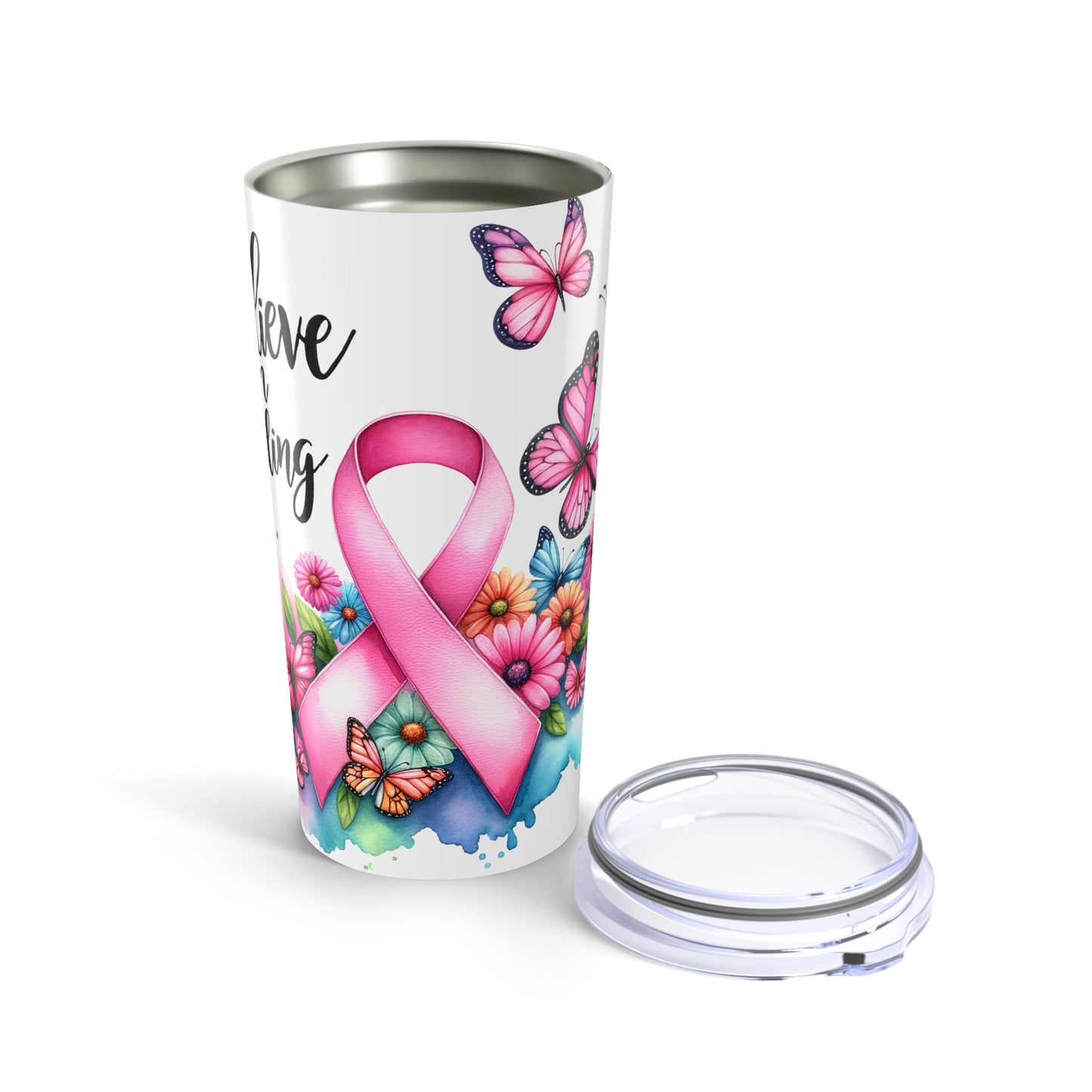 Breast Cancer Ribbon and Butterflies Inspirational Tumbler  Cancer Awareness