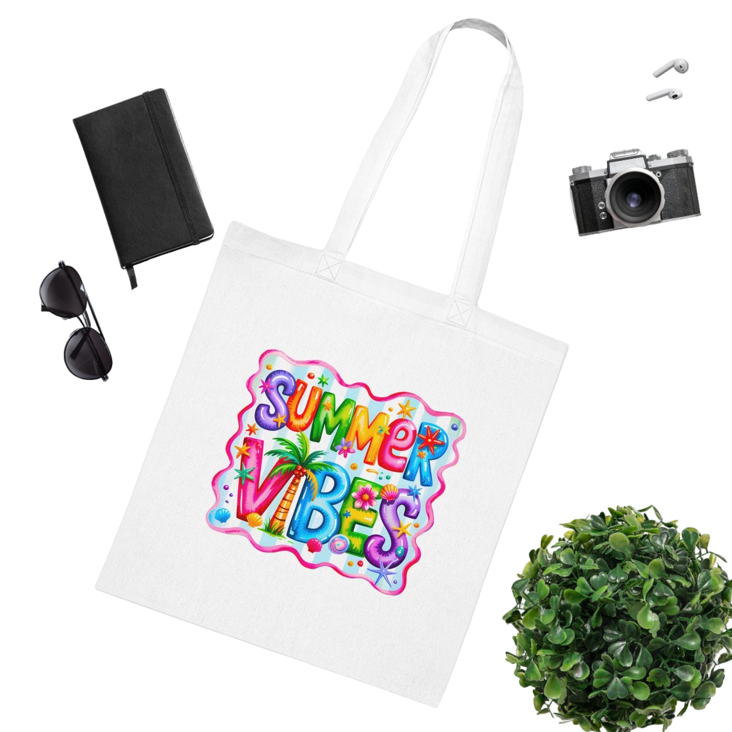 Colorful Summer Vibes Beach Reusable Tropical Bag Tote Cotton