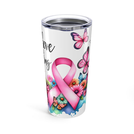 Breast Cancer Ribbon and Butterflies Inspirational Tumbler  Cancer Awareness