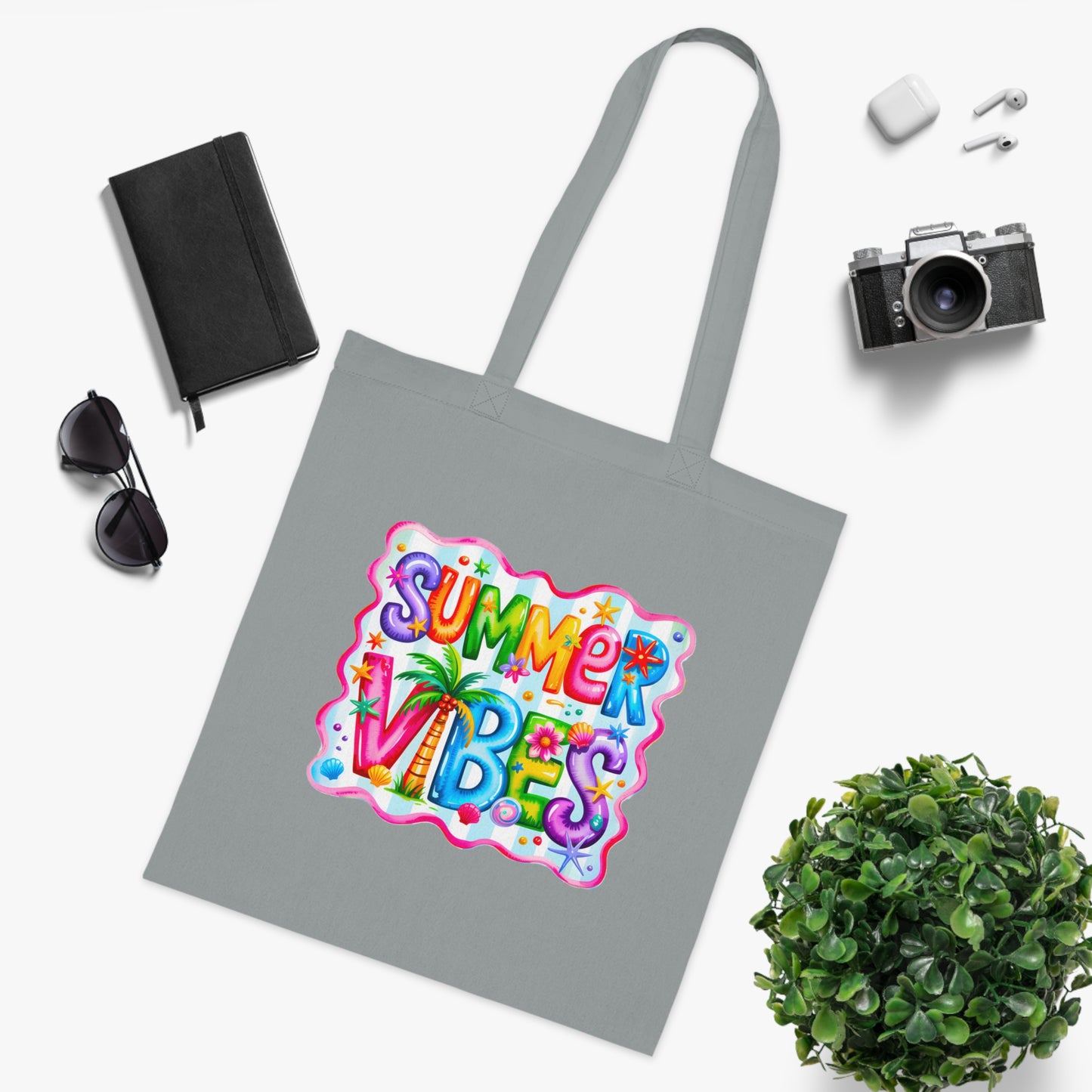 Colorful Summer Vibes Beach Reusable Tropical Bag Tote Cotton