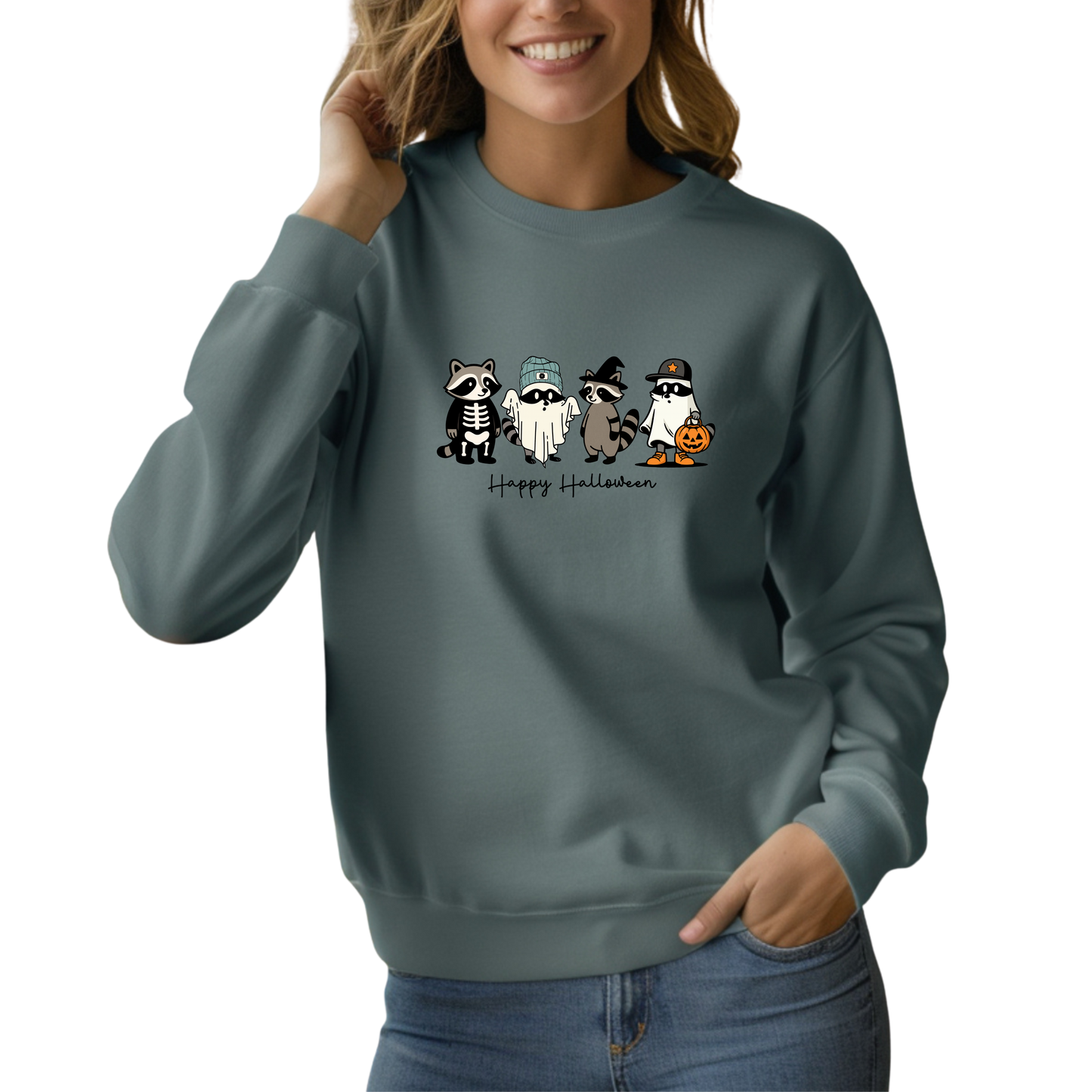 Happy Halloween Raccoon Crewneck Pullover Sweatshirt