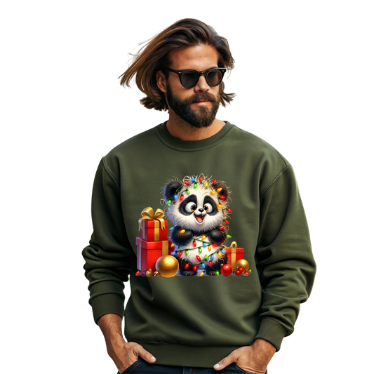 Merry Panda Lights Presents Christmas Crewneck Pullover Sweatshirt