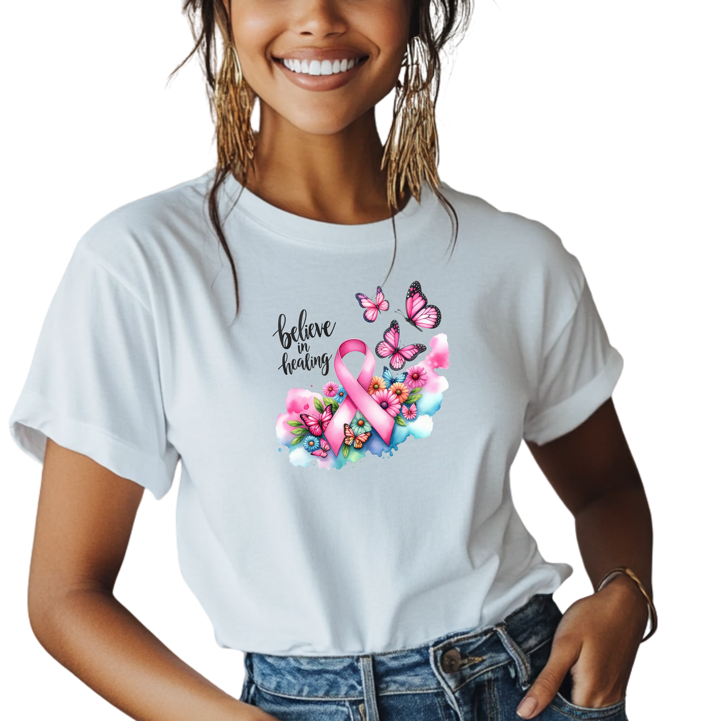 Breast Cancer Ribbon and Butterflies T-Shirt