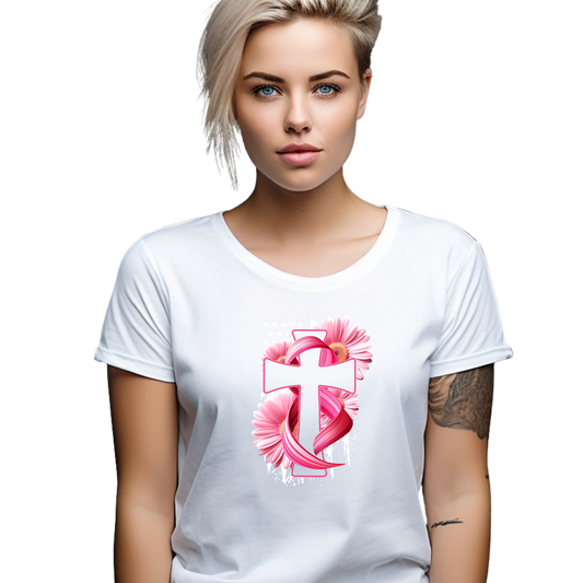 Cross Ribbon Sunflower Breast Cancer T-Shirt