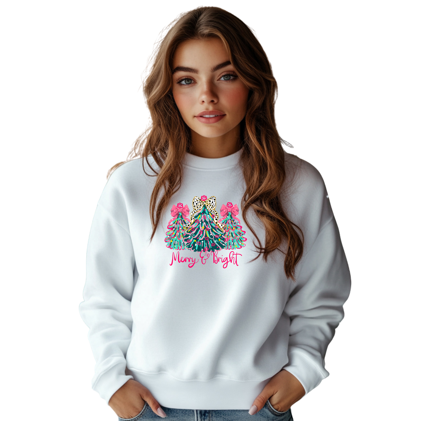 Leopard Bow Merry Bright Wildly Festive Fun! Crewneck Pullover Sweatshirt