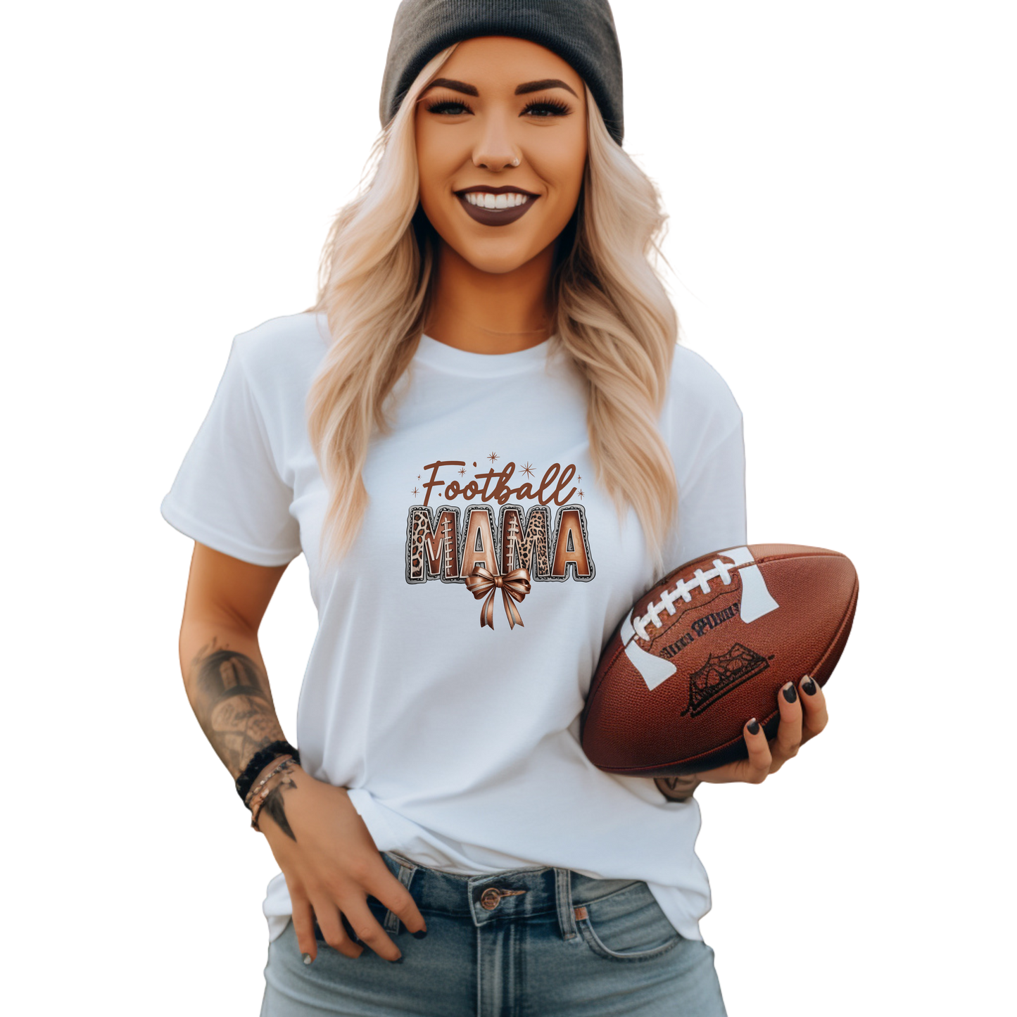 Football Mama Leopard  Bow Game Day  T-Shirt