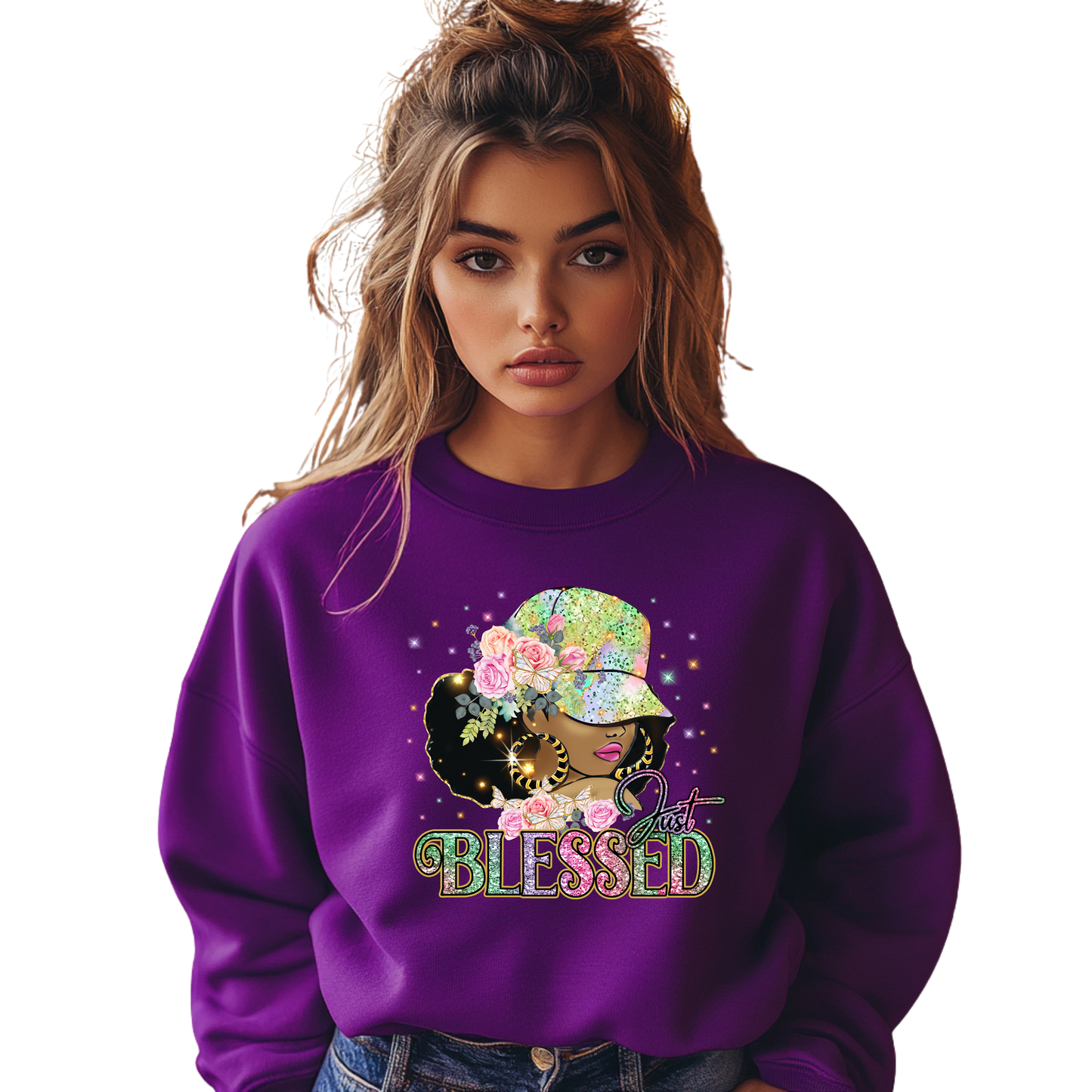 Just Blessed Afro Queen Crewneck Pullover Sweatshirt.